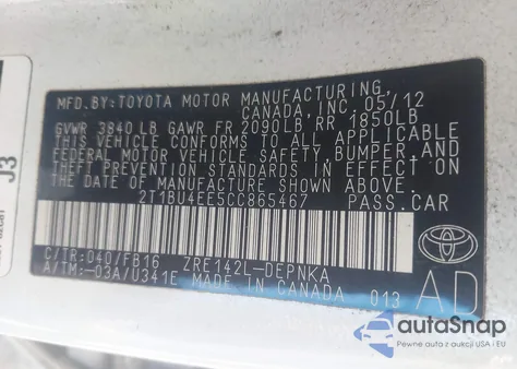 2012 Toyota Corolla Le из США, поврежденный, VIN 2T1BU4EE5CC865467